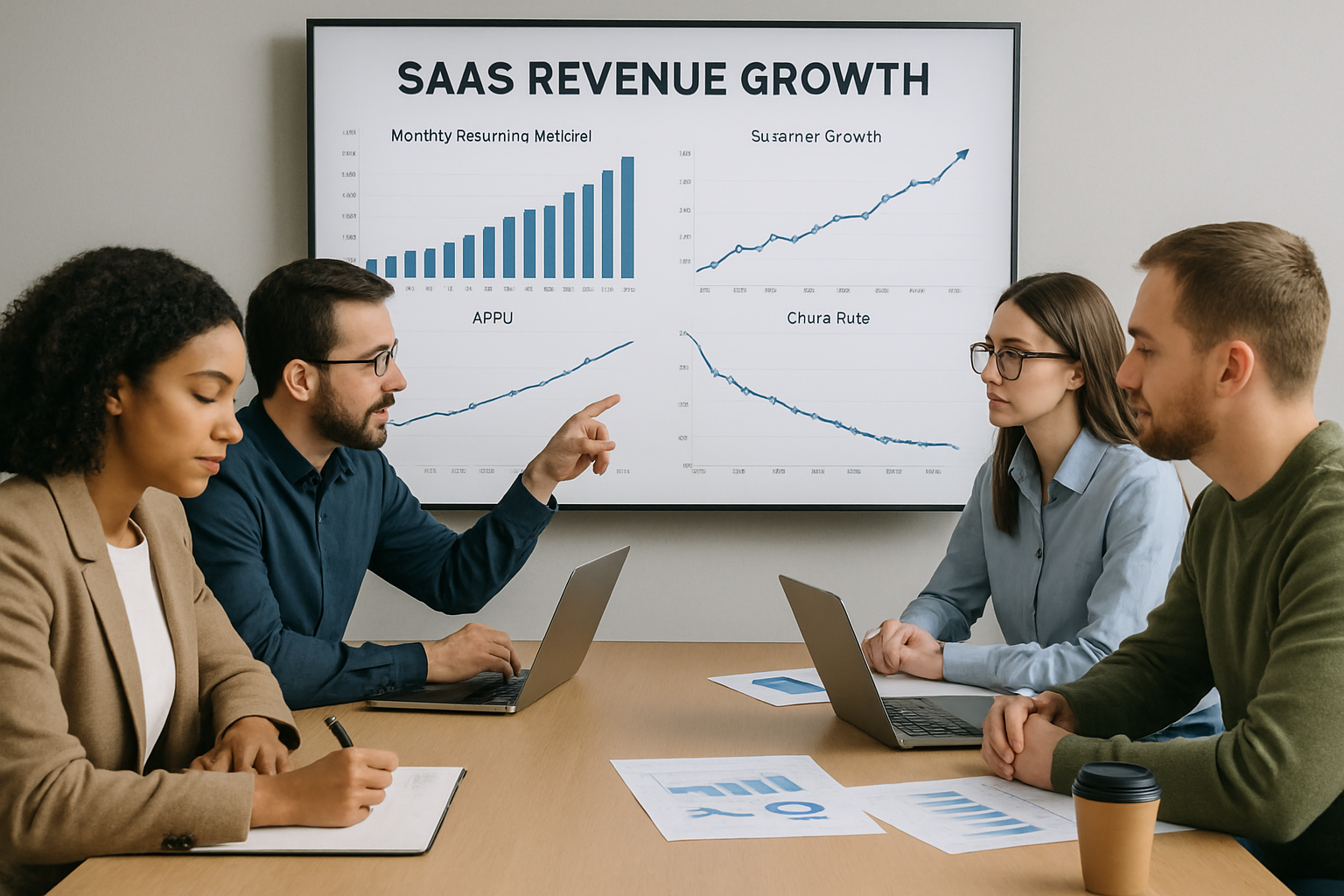 Team analyzing SaaS revenue growth metrics